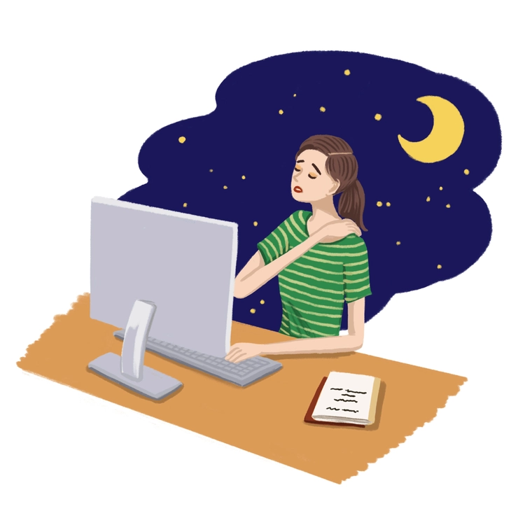 デスクワークで疲れている女性のイラスト
