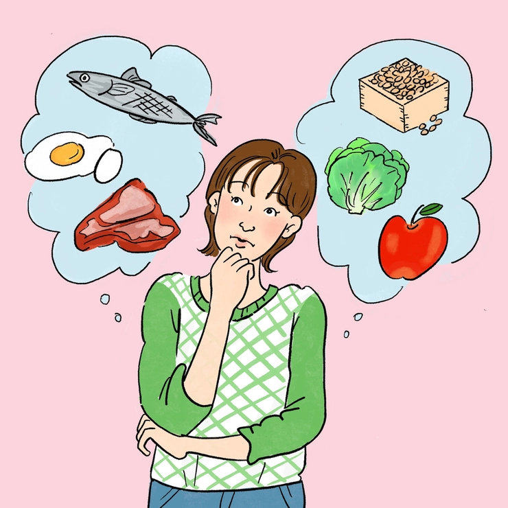 食べ物について考えている女性のイラスト